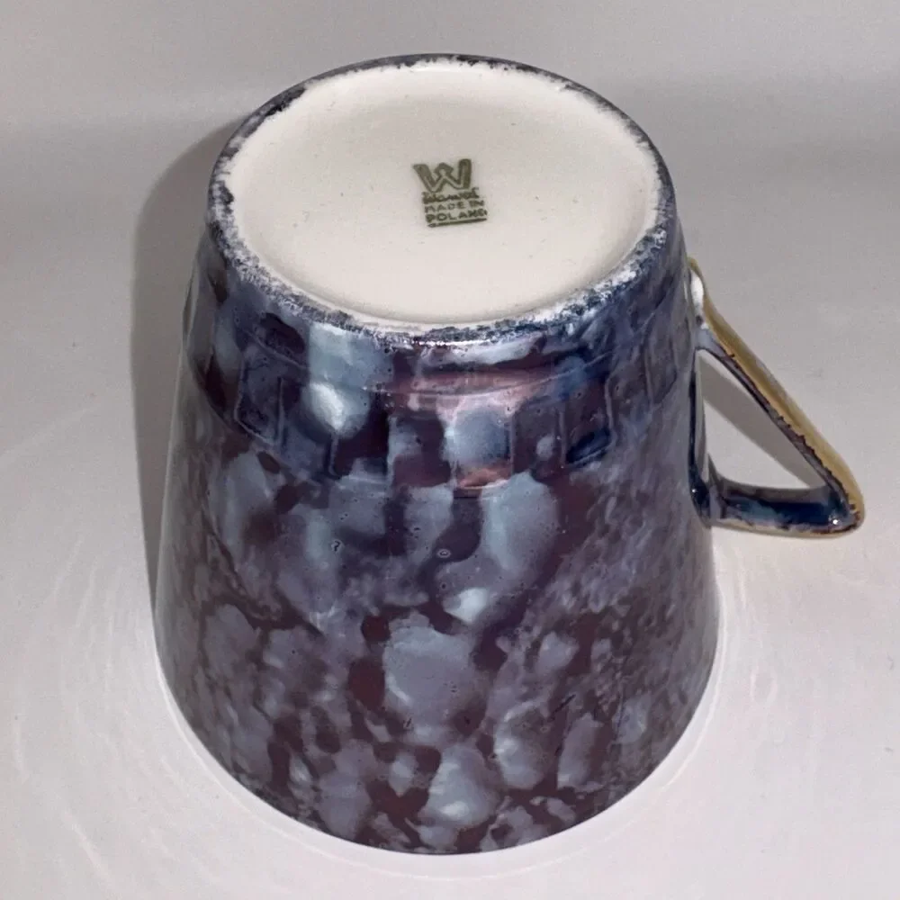 Vintage Wawel Poland Mid Century Demitasse Cup & Saucer Set 3 Blue Marbled Gold